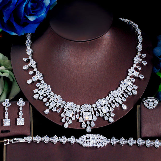 Jewelry Four-piece Wedding Dress Dinner Full Zircon Necklace Bracelet Ring Earrings Suit