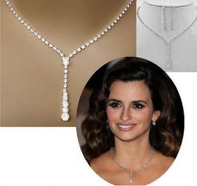 C192 New Europe simple bride Rhinestone Necklace ear suit 2 pieces of wedding jewelry sweater chain