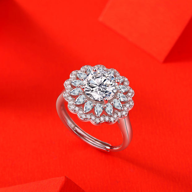 S925 Silver Moissanite Ring Flowers Female New Trendy Ring Adjustable Source Ring In Stock Generation