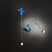 Blue Butterfly Ear Thread S925 Sterling Silver Long Pearl