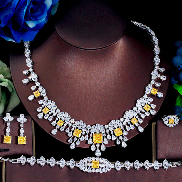 Jewelry Four-piece Wedding Dress Dinner Full Zircon Necklace Bracelet Ring Earrings Suit