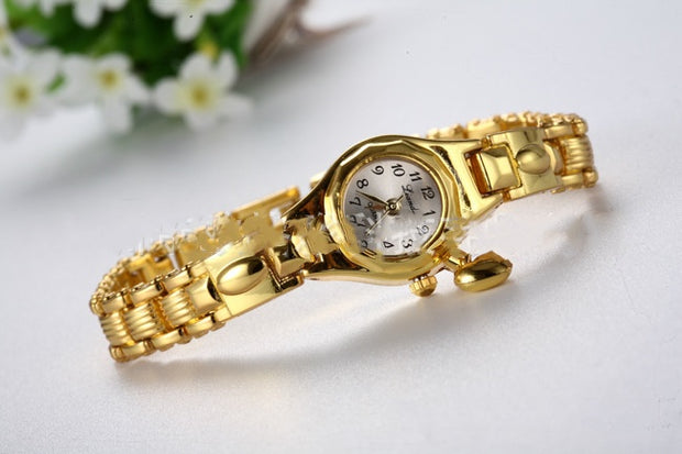 Gold Women's Bracelet Watch Honey Heart Rhinestone Casual Stainless Steel